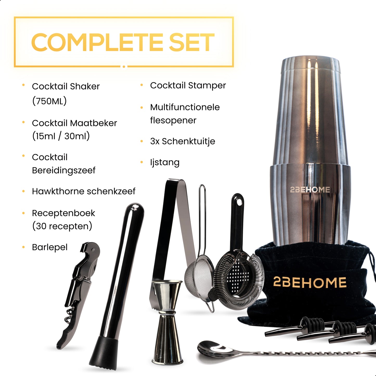 2BEHOME Cocktail Set 12-Delig - Incl. Cocktail Shaker Set (750ml) & Cocktail boek met recepten