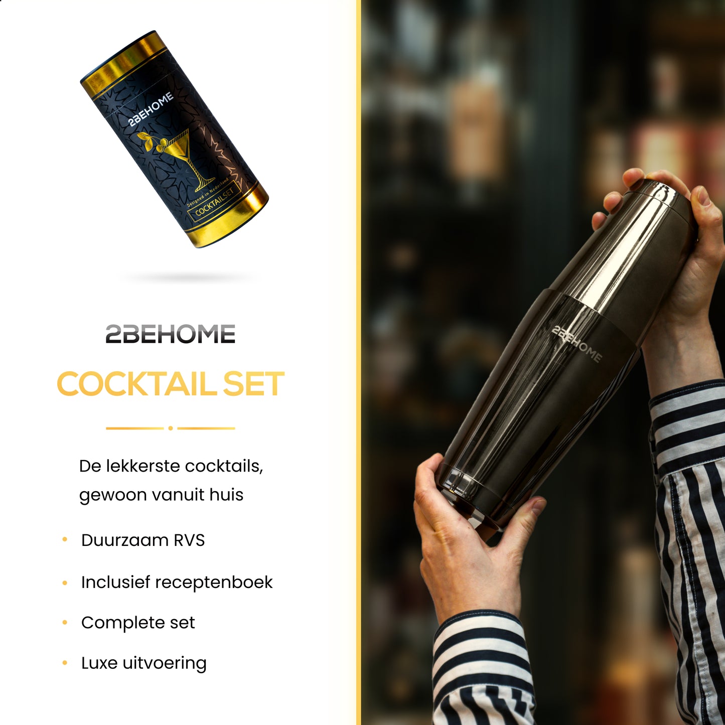 2BEHOME Cocktail Set 12-Delig - Incl. Cocktail Shaker Set (750ml) & Cocktail boek met recepten