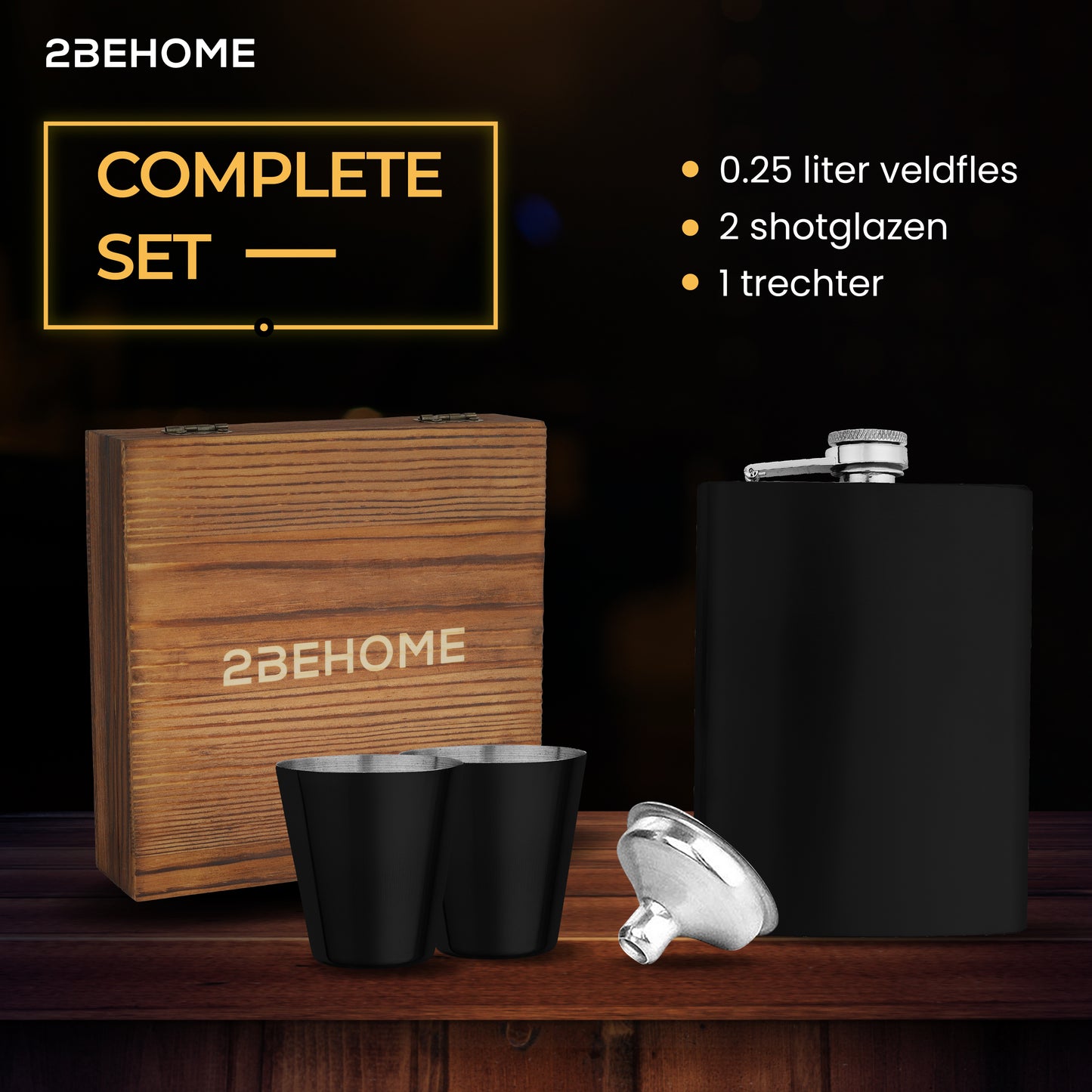 2BEHOME® Heupfles met luxe opbergdoos inclusief 2 shotglazen en Trechter - RVS - Veldfles - Heupflacon - Zwart