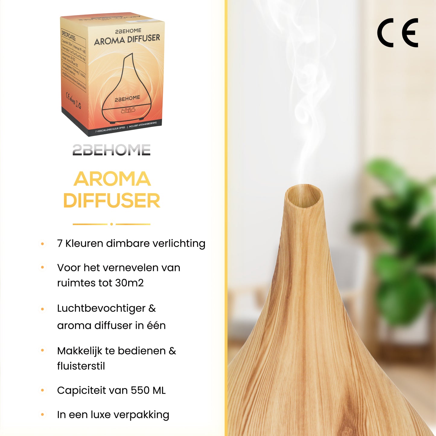 2BEHOME® Aroma Diffuser 550ML met Afstandsbediening - Incl. 2 Etherische Oliën - Lichte Houtlook - 7 LED Kleuren - Aromadiffuser Luchtbevochtiger - Geurverspreider
