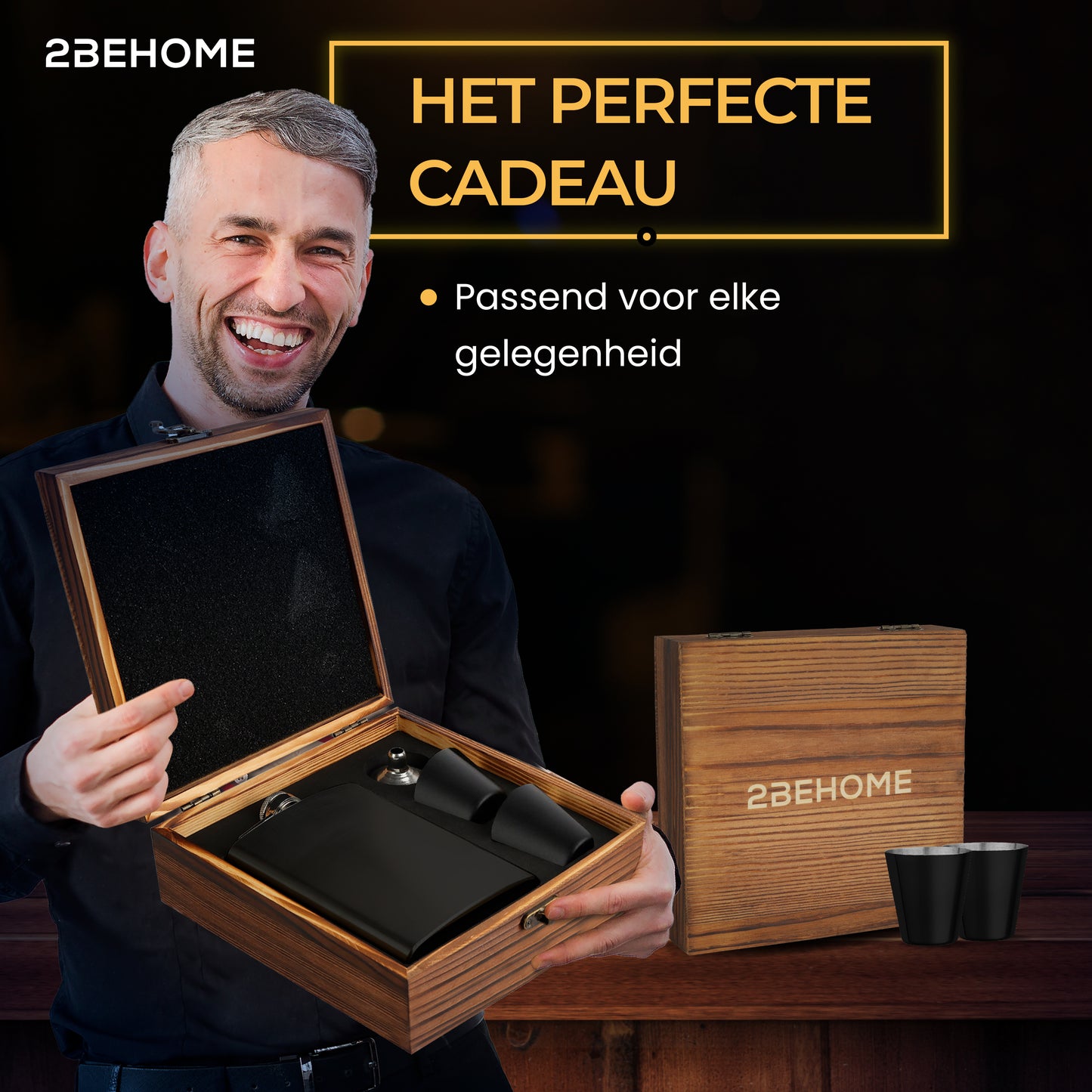 2BEHOME® Heupfles met luxe opbergdoos inclusief 2 shotglazen en Trechter - RVS - Veldfles - Heupflacon - Zwart