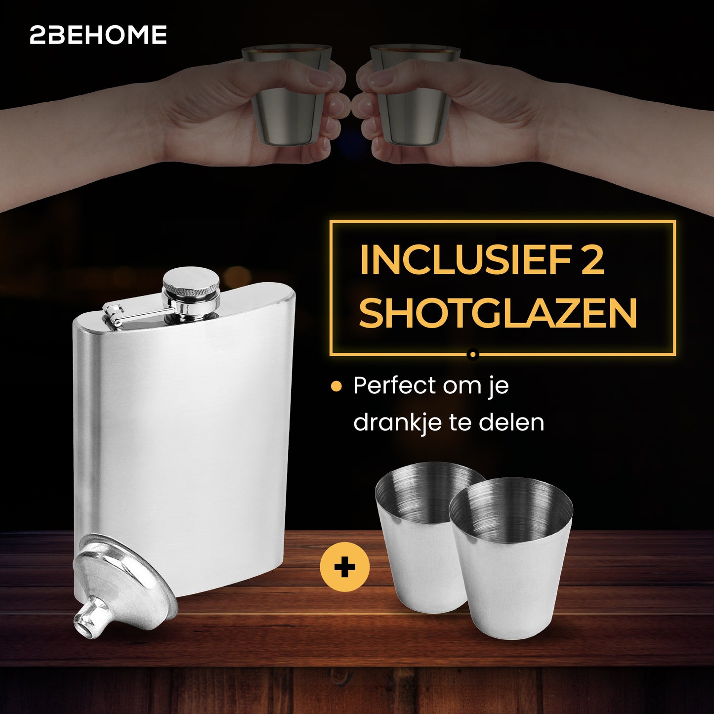 2BEHOME® Heupfles met luxe opbergdoos inclusief 2 shotglazen en Trechter - RVS - Veldfles - Heupflacon - Zilver