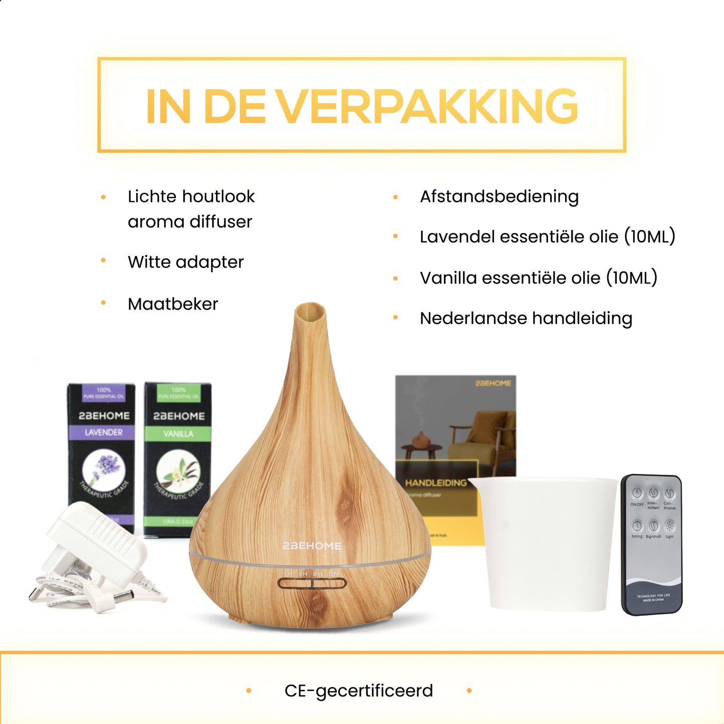2BEHOME® Aroma Diffuser 550ML met Afstandsbediening - Incl. 2 Etherische Oliën - Lichte Houtlook - 7 LED Kleuren - Aromadiffuser Luchtbevochtiger - Geurverspreider