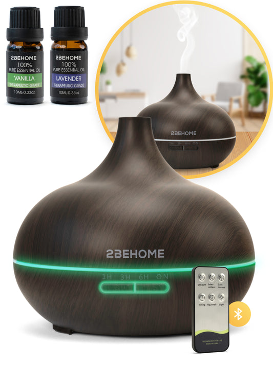 2BEHOME® Aroma Diffuser 550ML met Afstandsbediening - Incl. 2 Etherische Oliën - Donkere houtlook