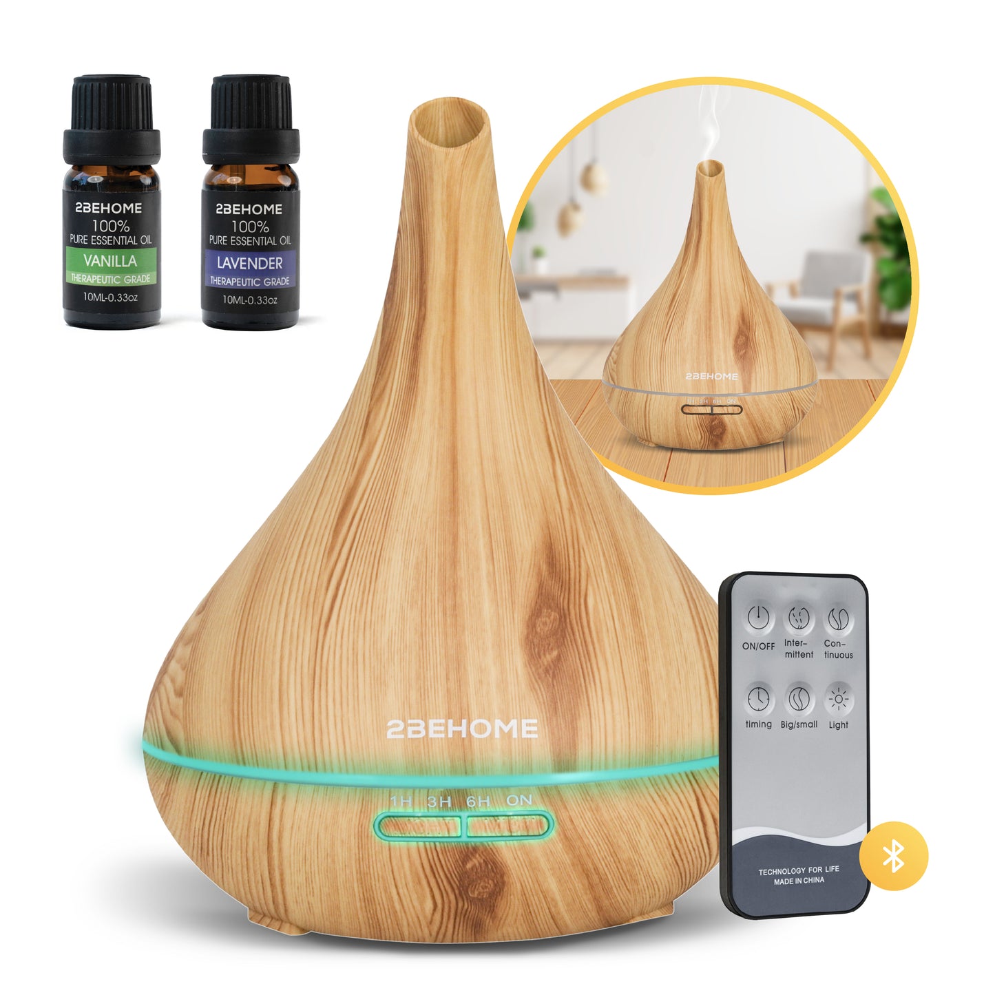 2BEHOME® Aroma Diffuser 550ML met Afstandsbediening - Incl. 2 Etherische Oliën - Lichte Houtlook - 7 LED Kleuren - Aromadiffuser Luchtbevochtiger - Geurverspreider