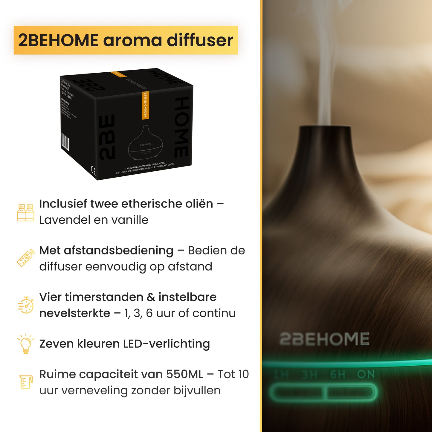 Productdoos aroma diffuser met specificaties en close-up geurverspreider