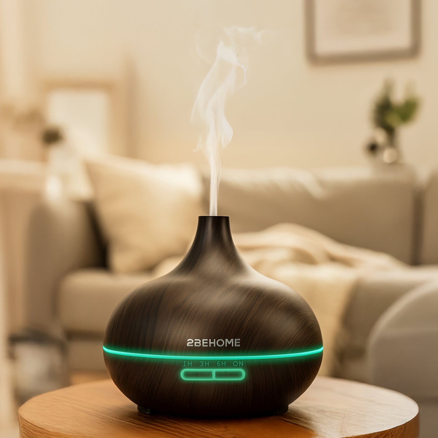 Donker eiken aroma diffuser en luchtbevochtiger met LED-verlichting en stoom