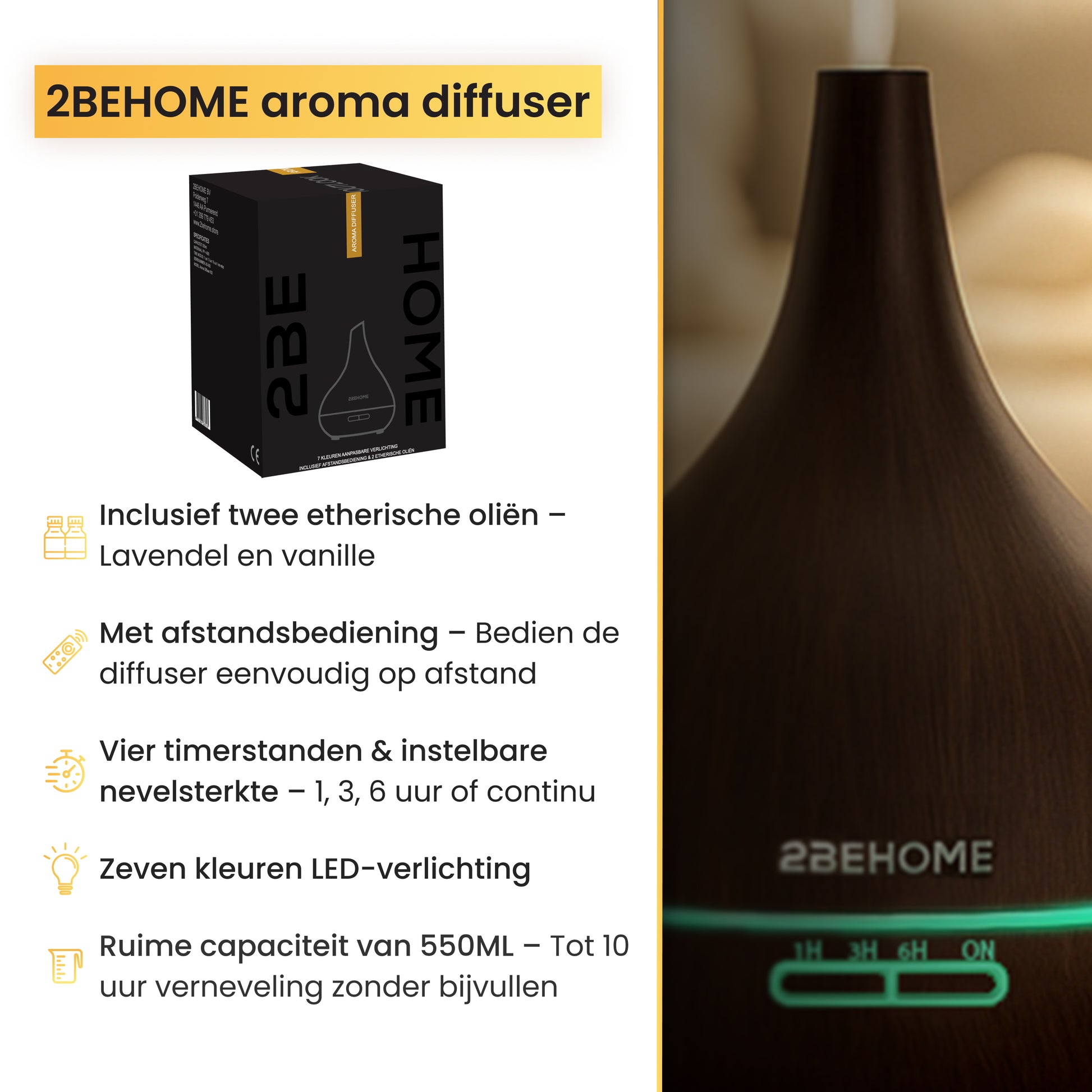 Productdoos aroma diffuser met specificaties en close-up geurverspreider