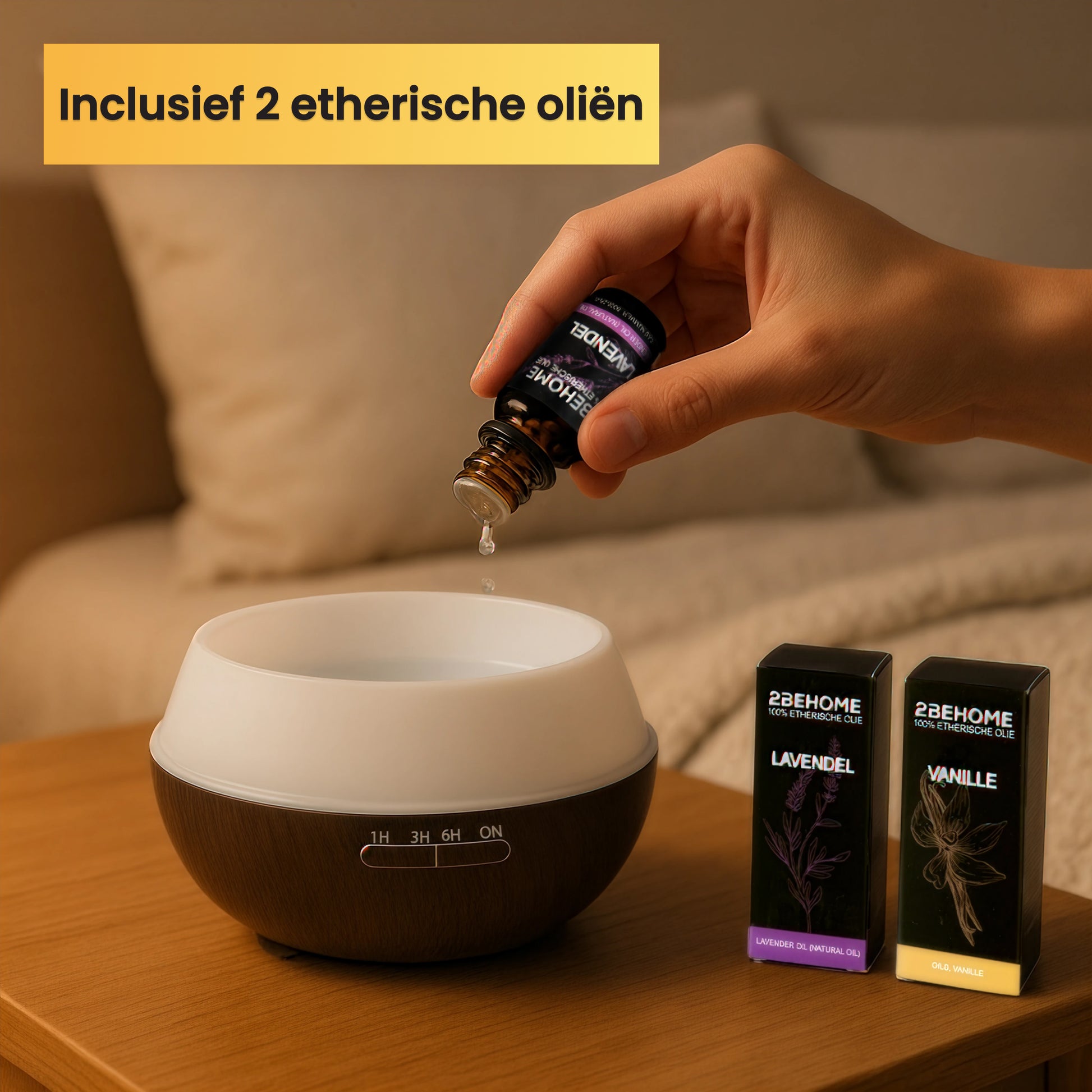 Etherische olie lavendel in aroma diffuser en luchtbevochtiger druppelen