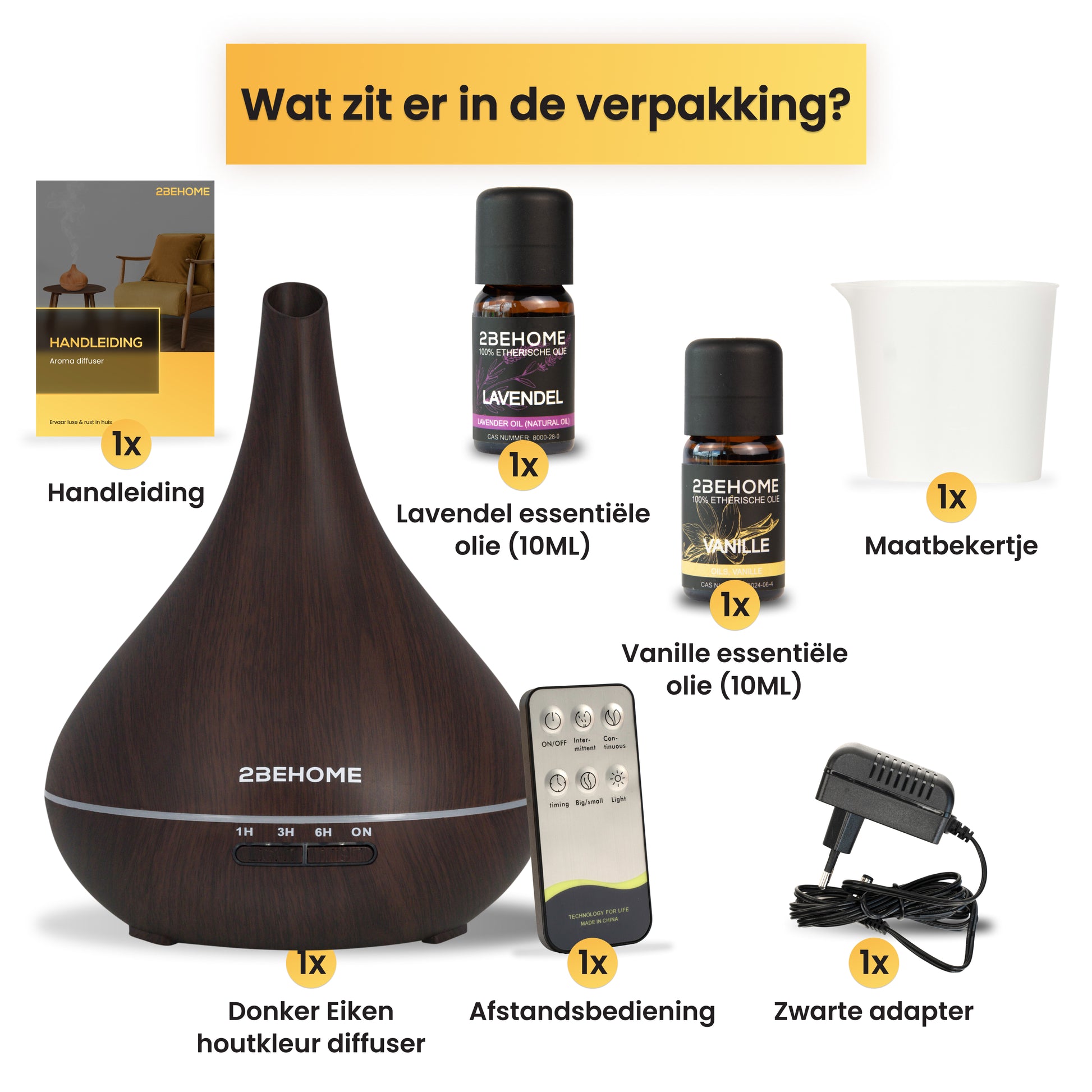 Inhoud verpakking aroma diffuser met etherische oliën en accessoires