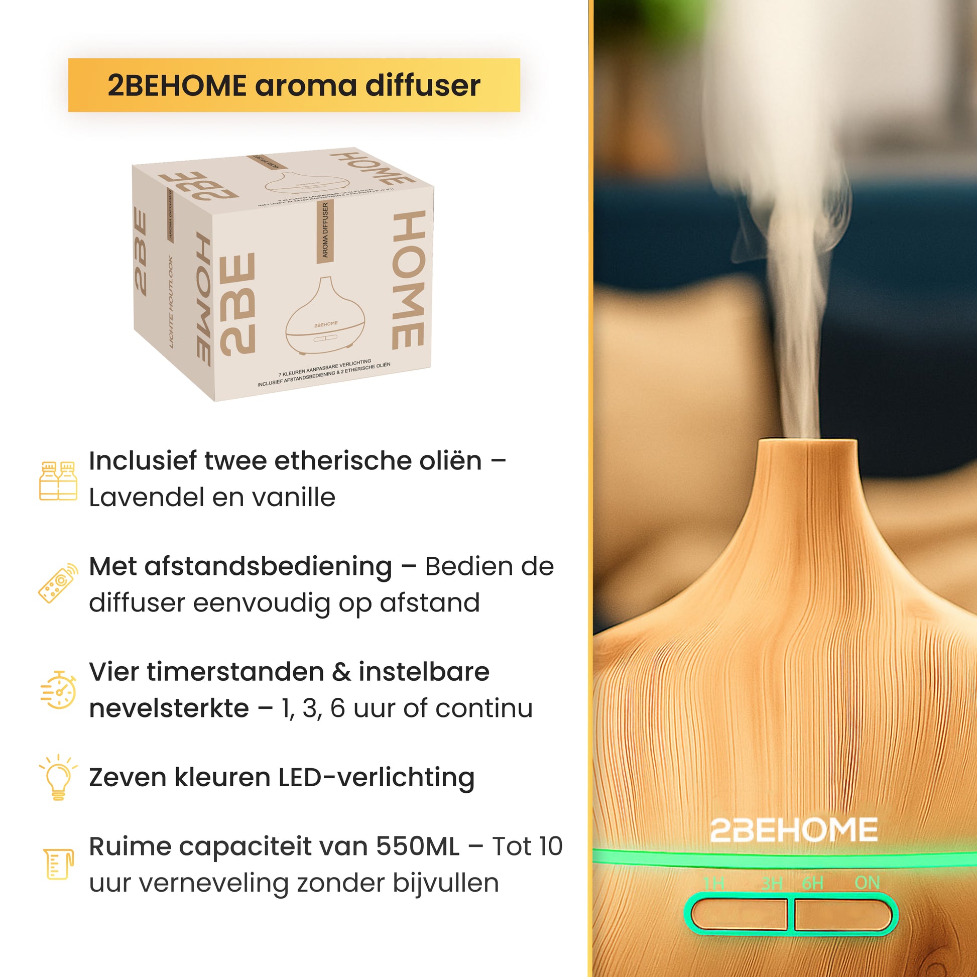 Productdoos aroma diffuser met specificaties en close-up geurverspreider