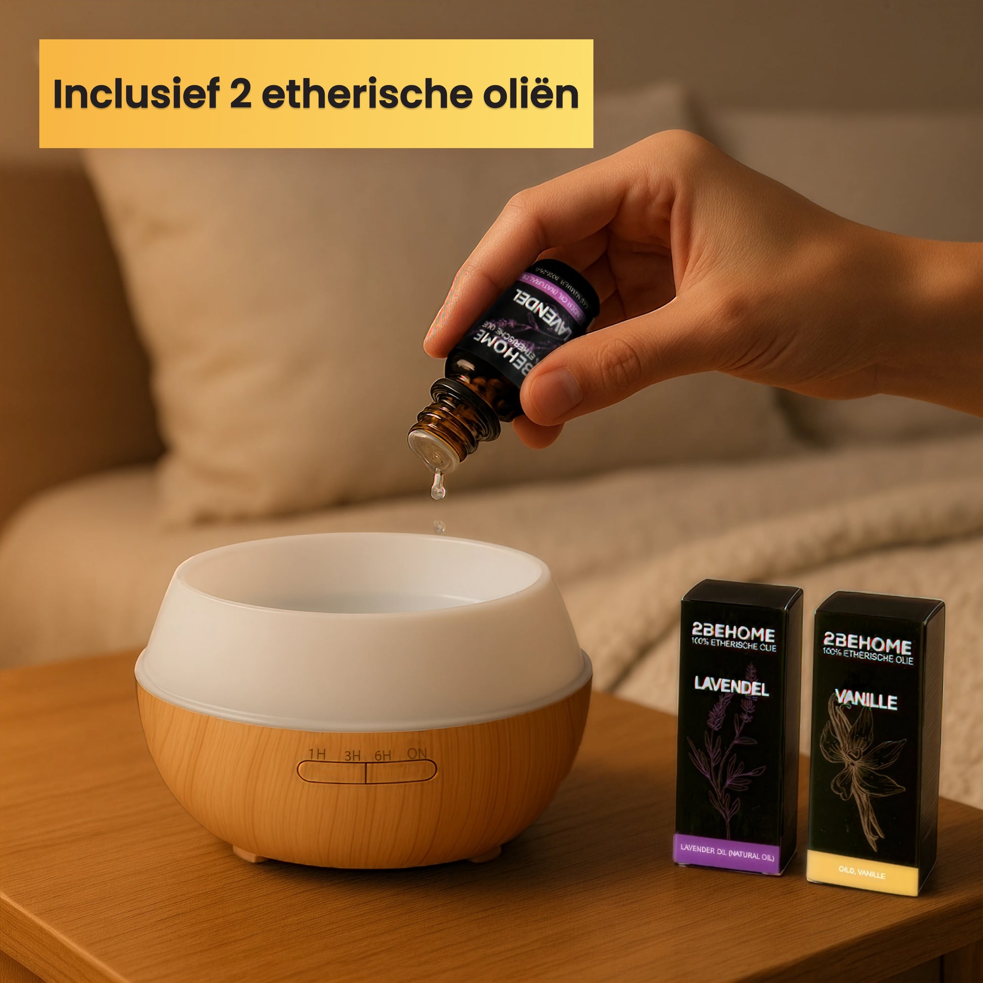 Etherische olie lavendel in aroma diffuser en luchtbevochtiger druppelen