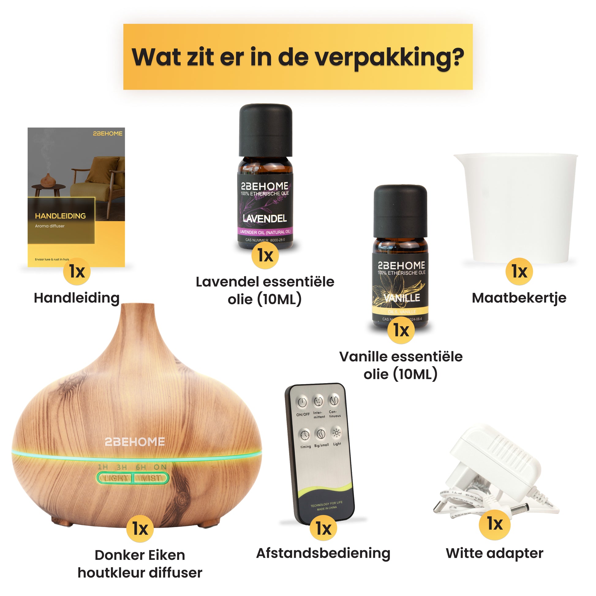 Inhoud verpakking aroma diffuser met etherische oliën en accessoires