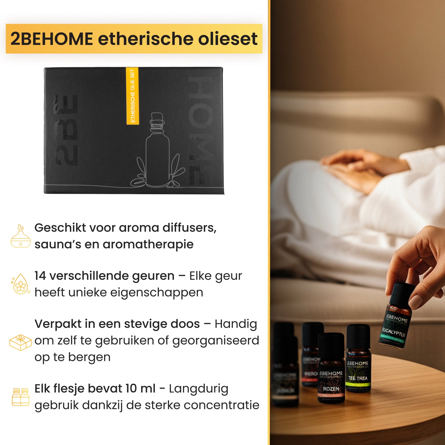 2BEHOME Etherische olieset met alle eigenschappen. Daarnaast een sfeerbeeld van de flesjes olie op tafe.