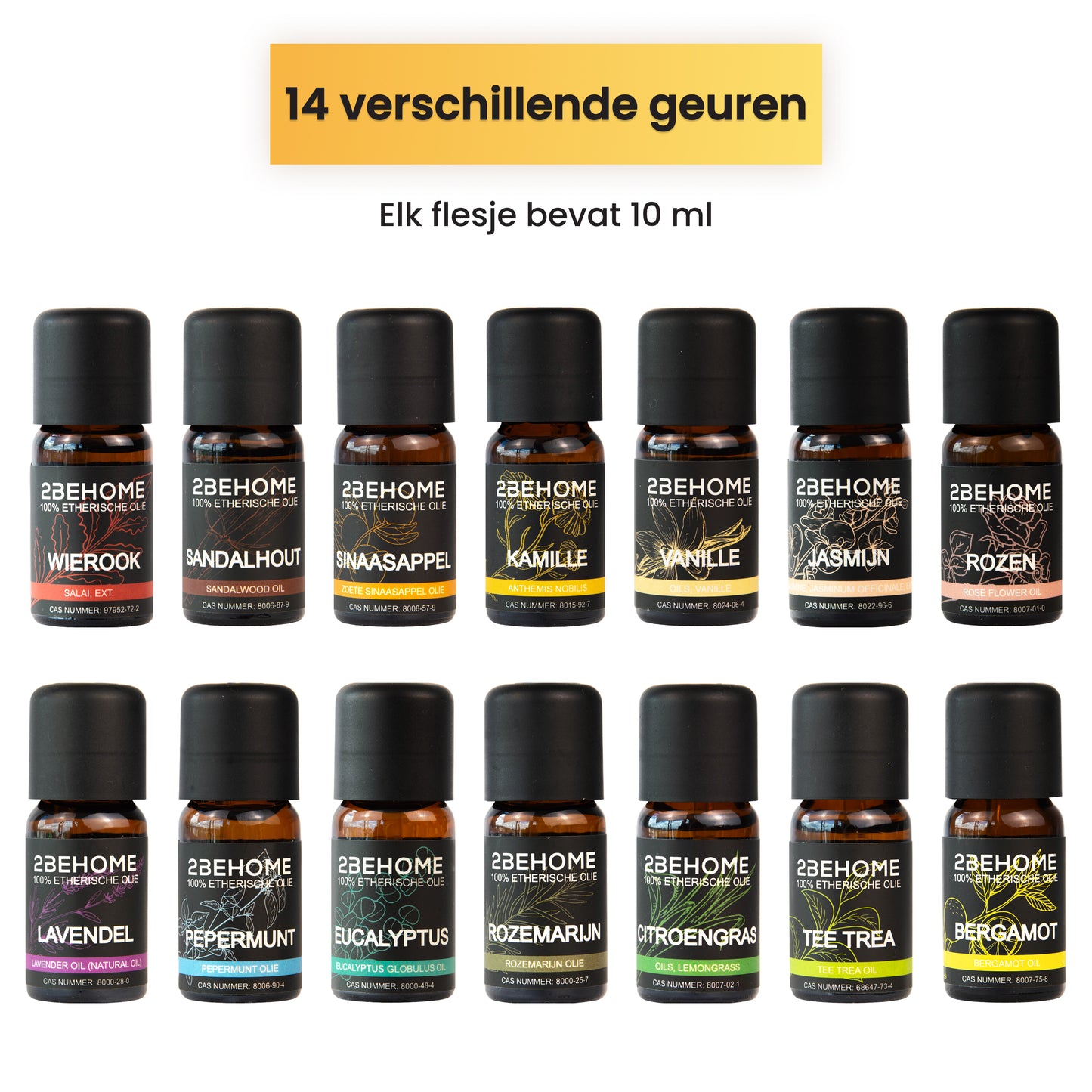 14 verschillende geuren. Elk olieflesje bevat 10 ml olie. je ziet de volgende geuren uitgestald: wierook, sandalhout, sinaasappel, kamille, vanille, jasmijn, rozen, lavendel, pepermunt, eucalyptus, rozemarijn, citroengras, tee trea, bergamot