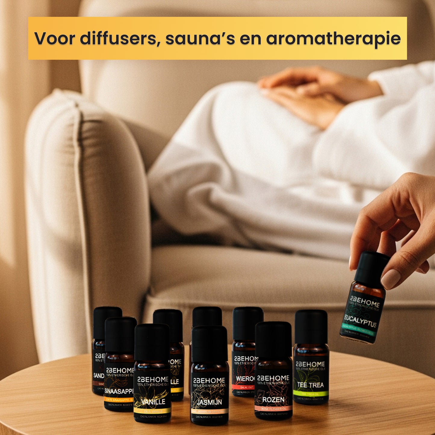 Alle etherische olieflesjes staan op tafel. Geschikt voor diffusers, sauna's, aromatherapie en meer.