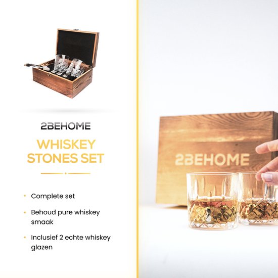 2BEHOME® Whiskey set met 2 whiskey glazen en 6 whiskey stones / stenen - Inclusief luxe houten opbergdoos