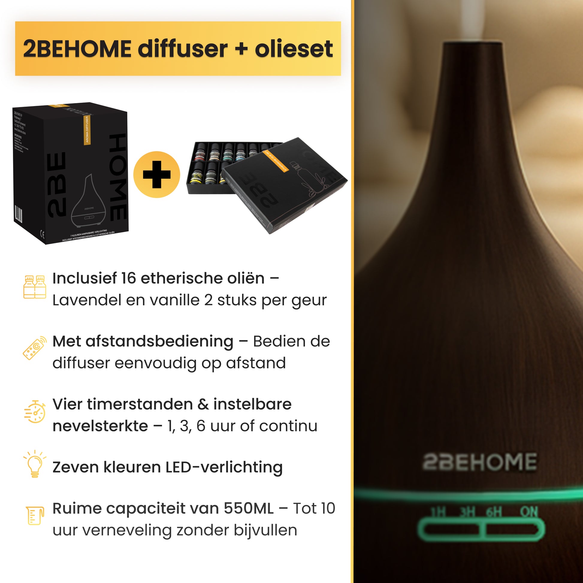Productdoos aroma diffuser en olieset met specificaties en close-up geurverspreider