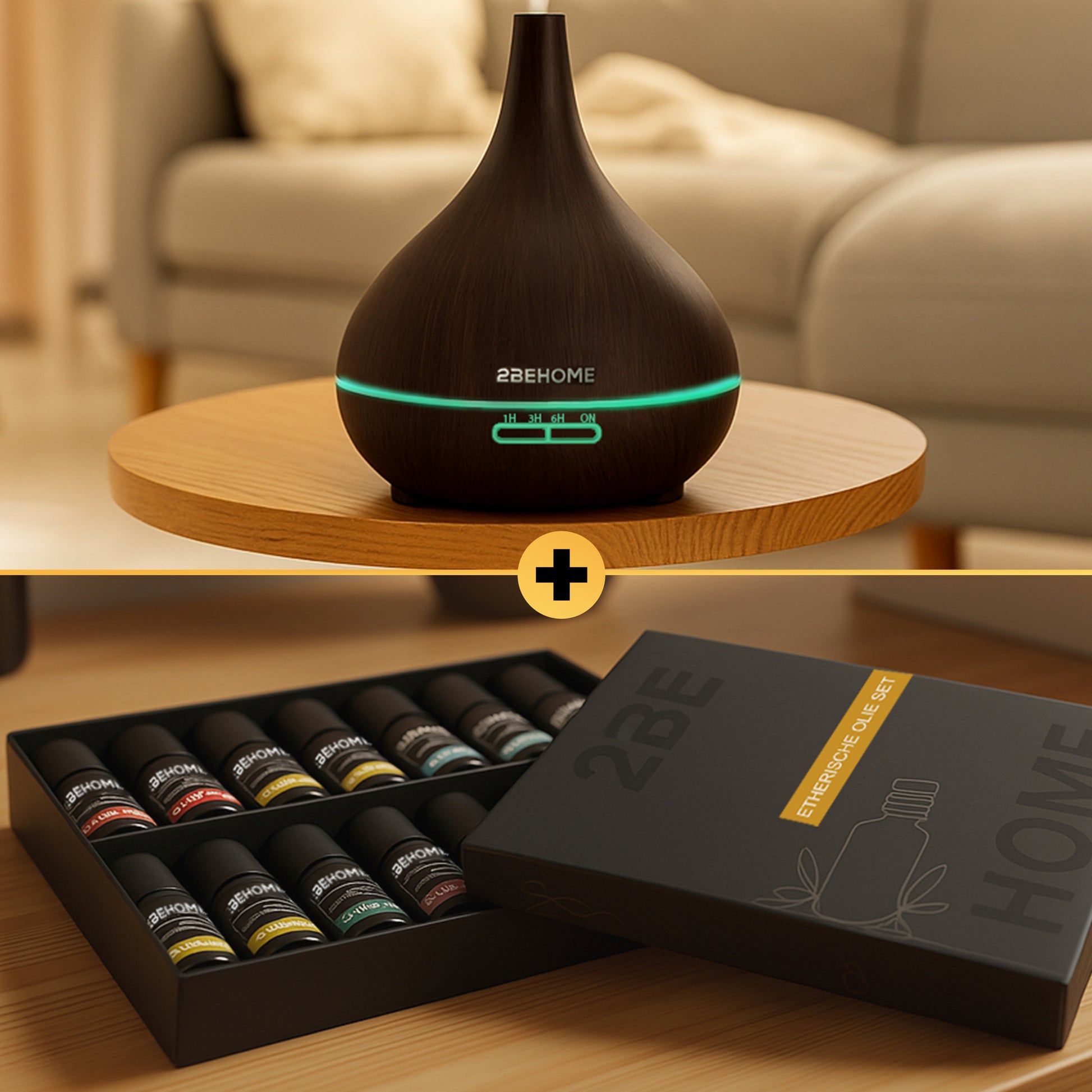 Aroma diffuser met lange nek aan de bovenkant, olieset met 14 flesjes aan de onderkant.