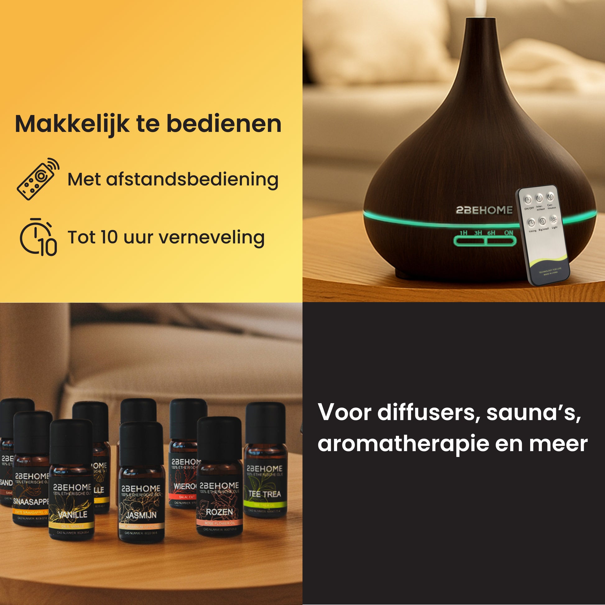 Donker eiken aroma diffuser met afstandsbediening. Olieflesjes op tafel geschikt voor diffusers, sauna's, aromatherapie en meer.