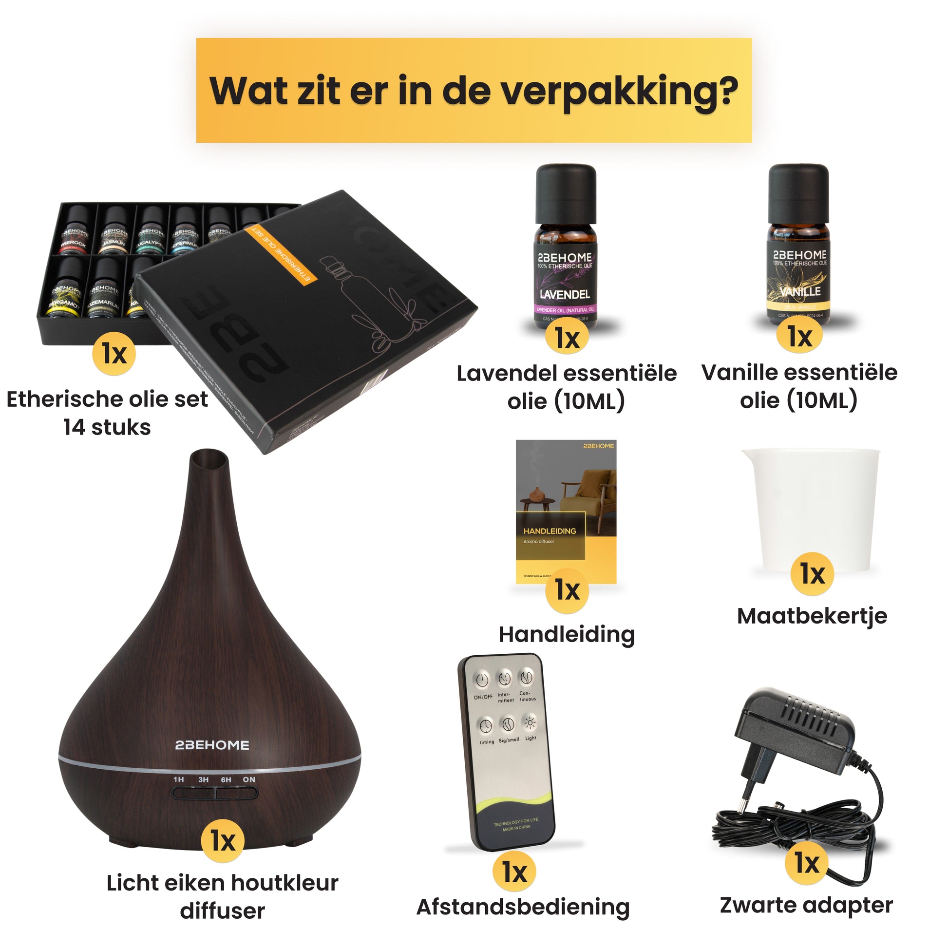 Inhoud verpakking aroma diffuser met etherische oliën set en accessoires