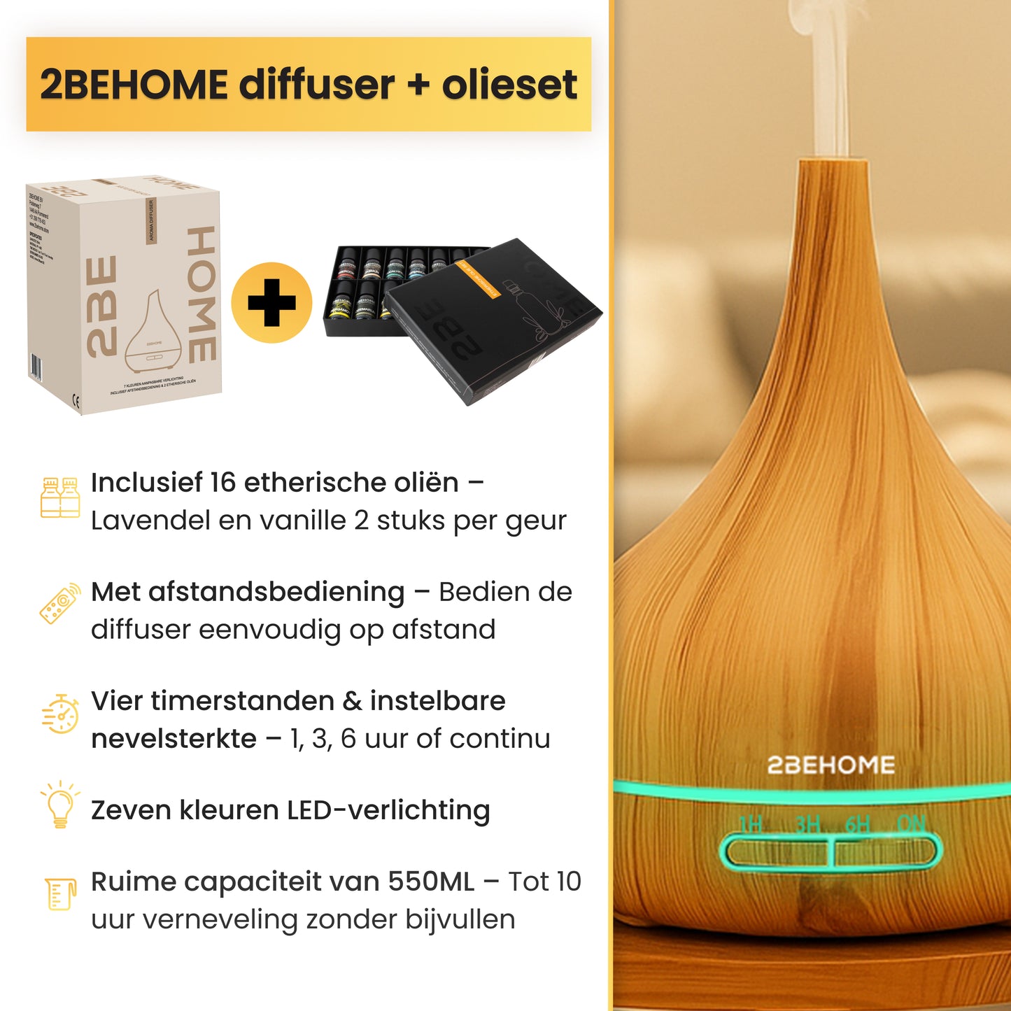 Productdoos aroma diffuser en olieset met specificaties en close-up geurverspreider