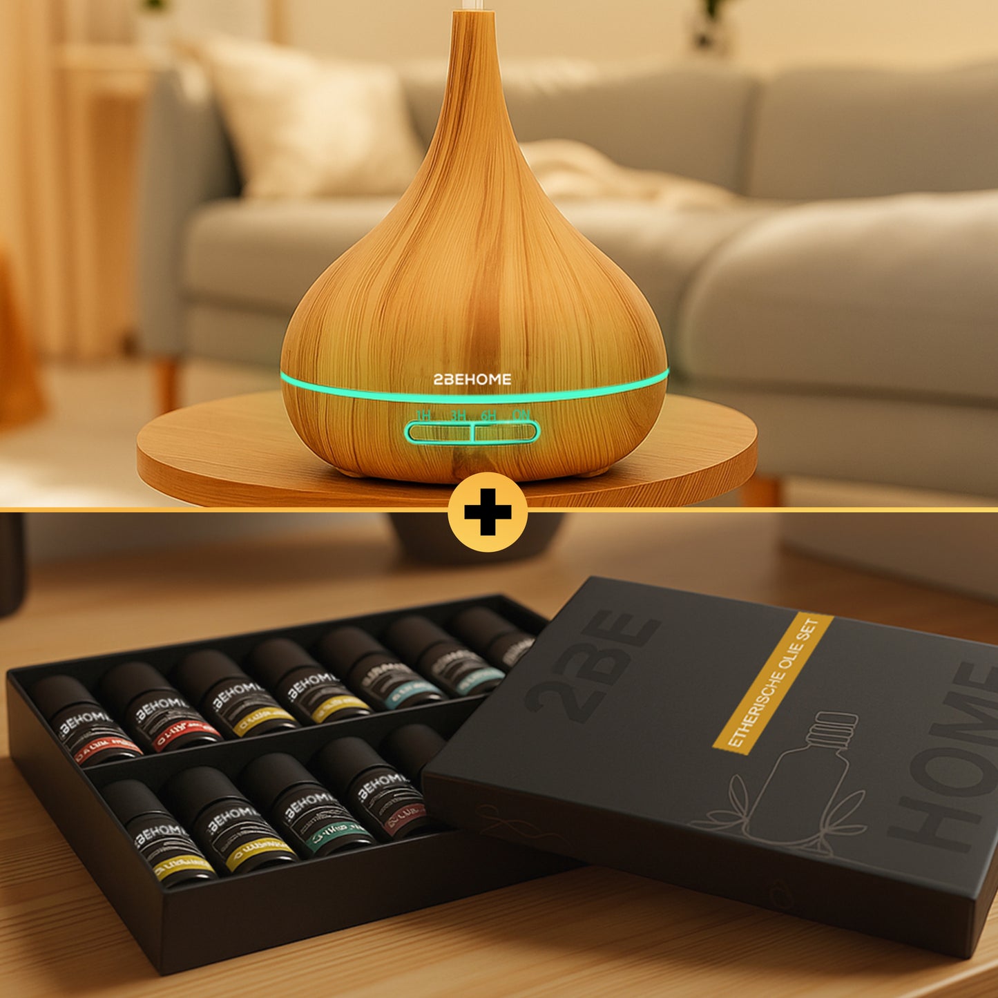 Aroma diffuser met lange nek aan de bovenkant, olieset met 14 flesjes aan de onderkant.