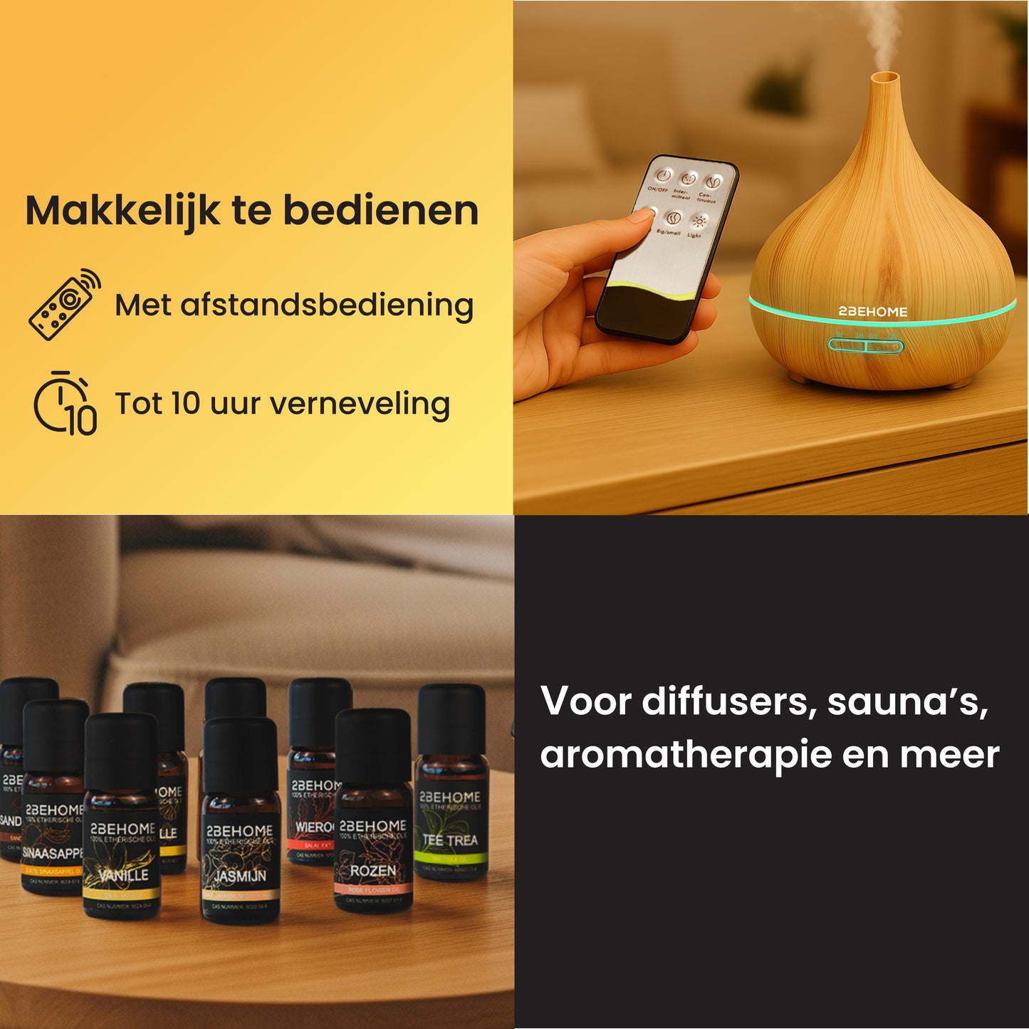 Licht eiken aroma diffuser met afstandsbediening. Olieflesjes op tafel geschikt voor diffusers, sauna's, aromatherapie en meer.