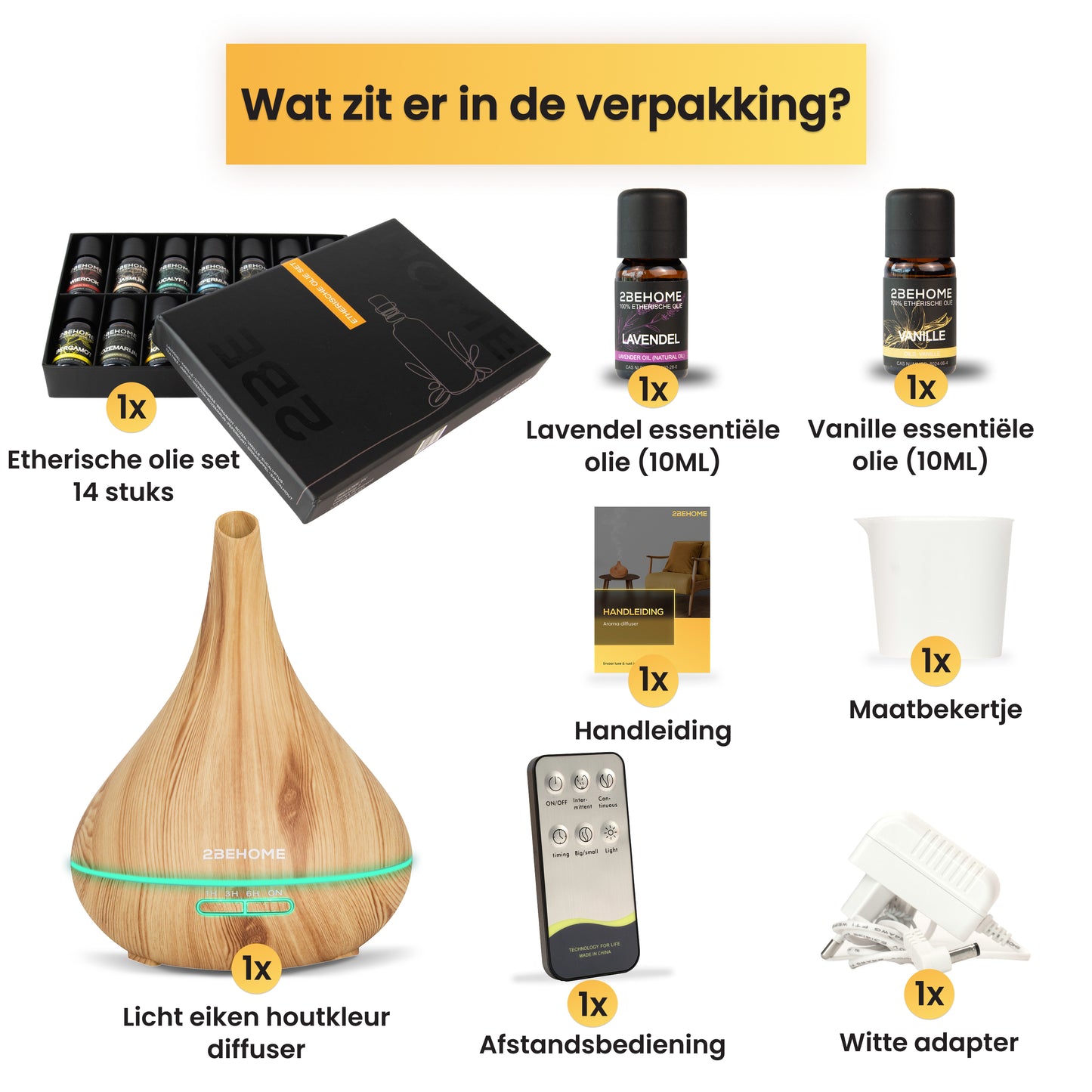 Inhoud verpakking aroma diffuser met etherische oliën set en accessoires