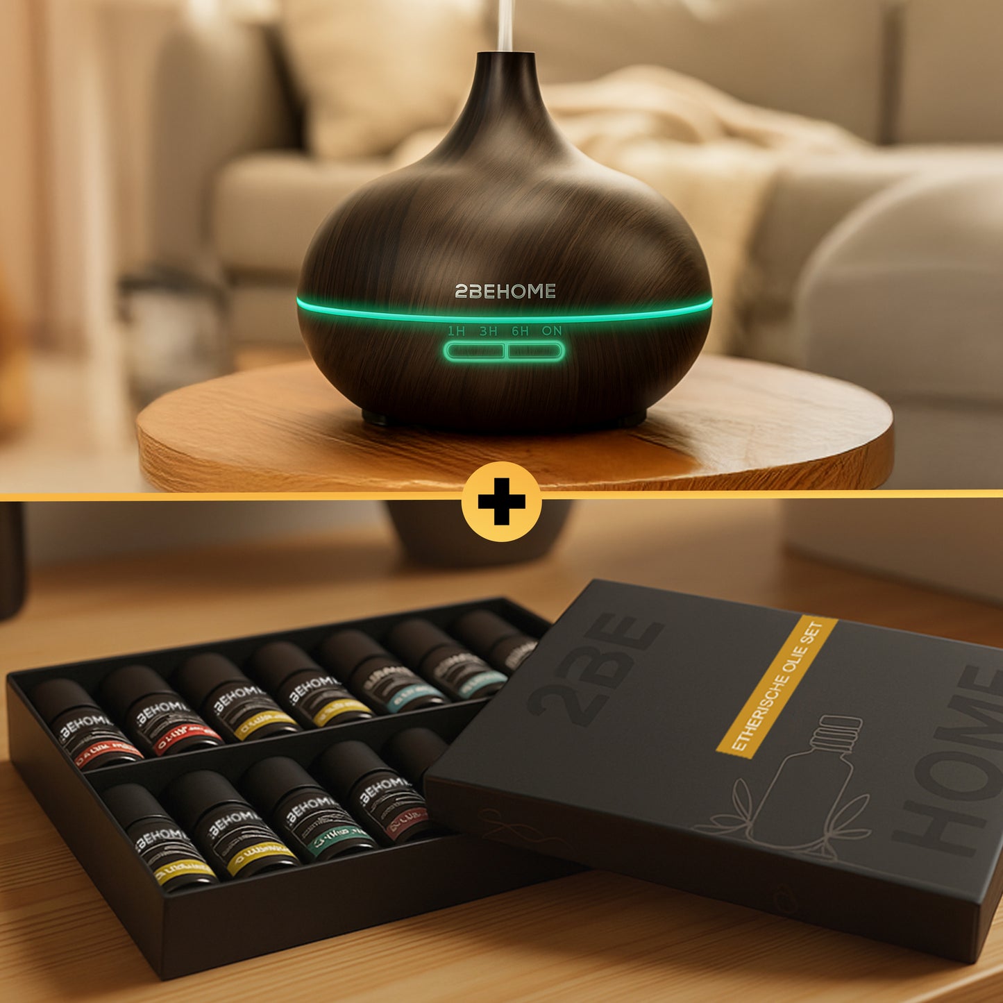 Aroma diffuser geurverspreider in licht en donker eiken houtlook plus etherische olieset