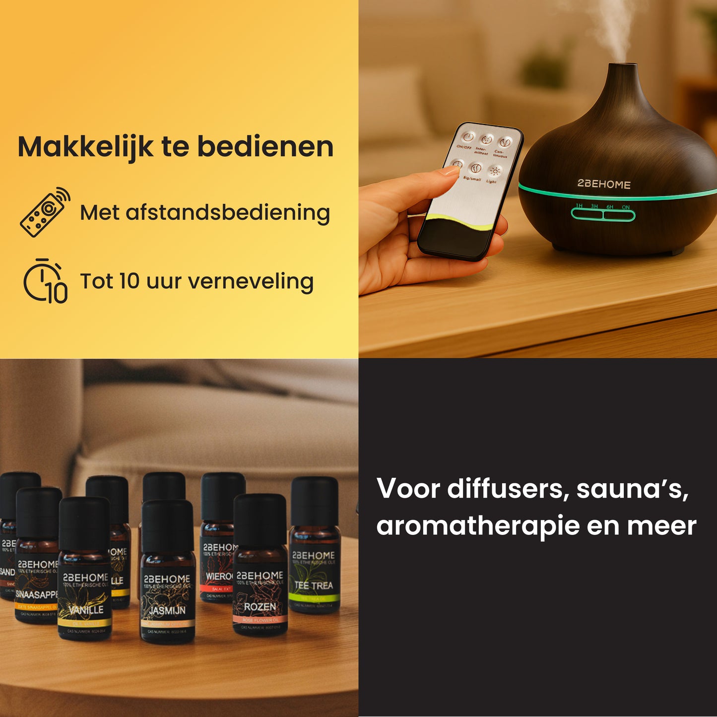 Diffuser makkelijk te bedienen met afstandsbediening en olieflesjes voor diffusers, sauna's, aromatherapie en meer.