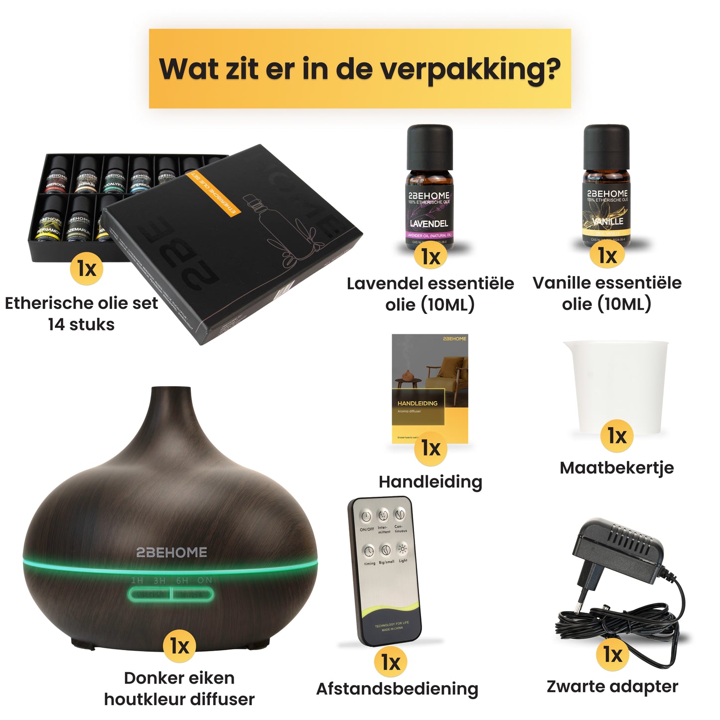 Inhoud verpakking aroma diffuser met etherische oliën set en accessoires