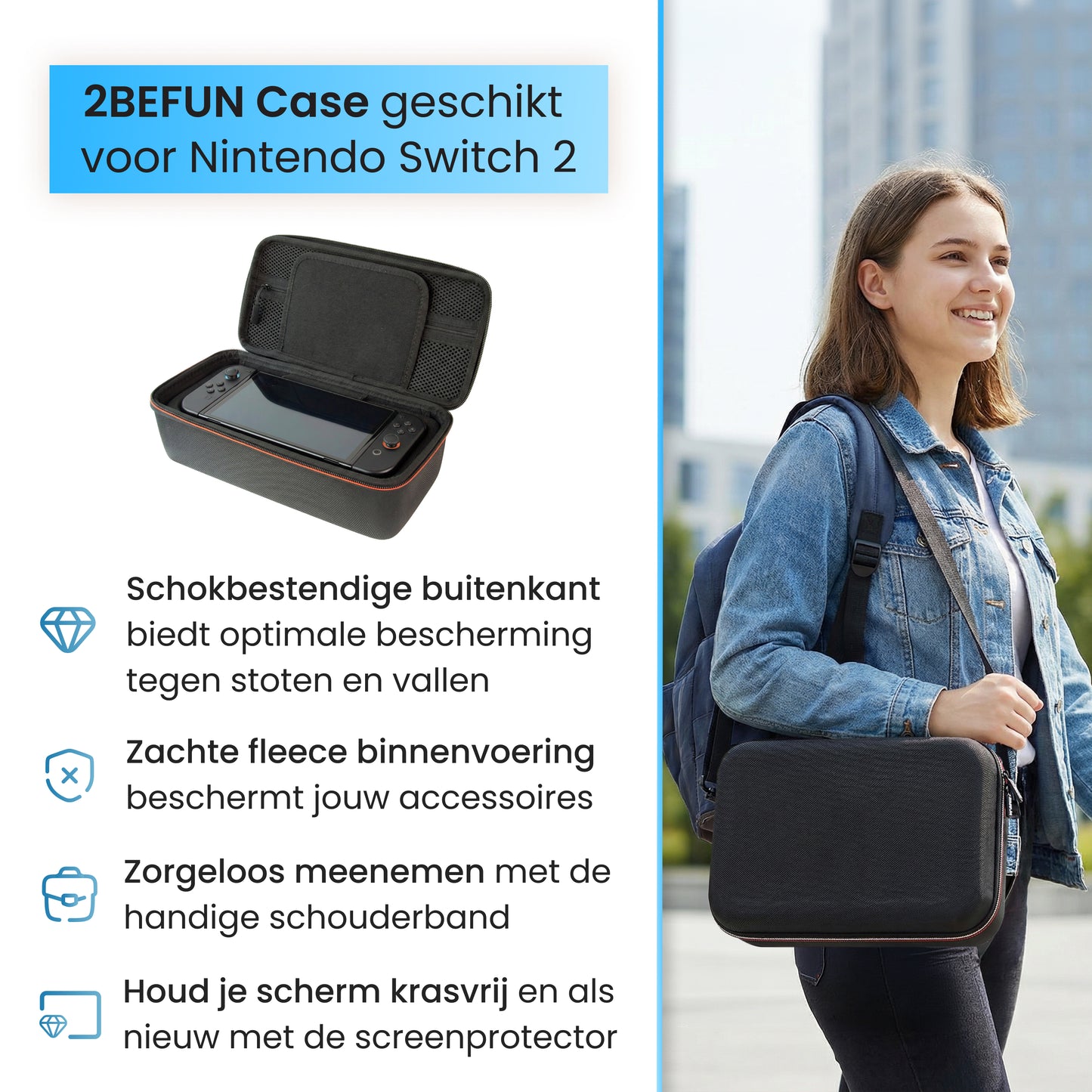 Nintendo Switch 2 hoes groot details met schokbestendige buitenkant en verstelbare schouderband