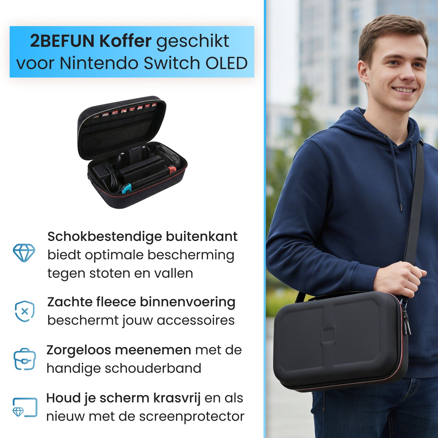 Nintendo Switch OLED hoes groot details met schokbestendige buitenkant en verstelbare schouderband