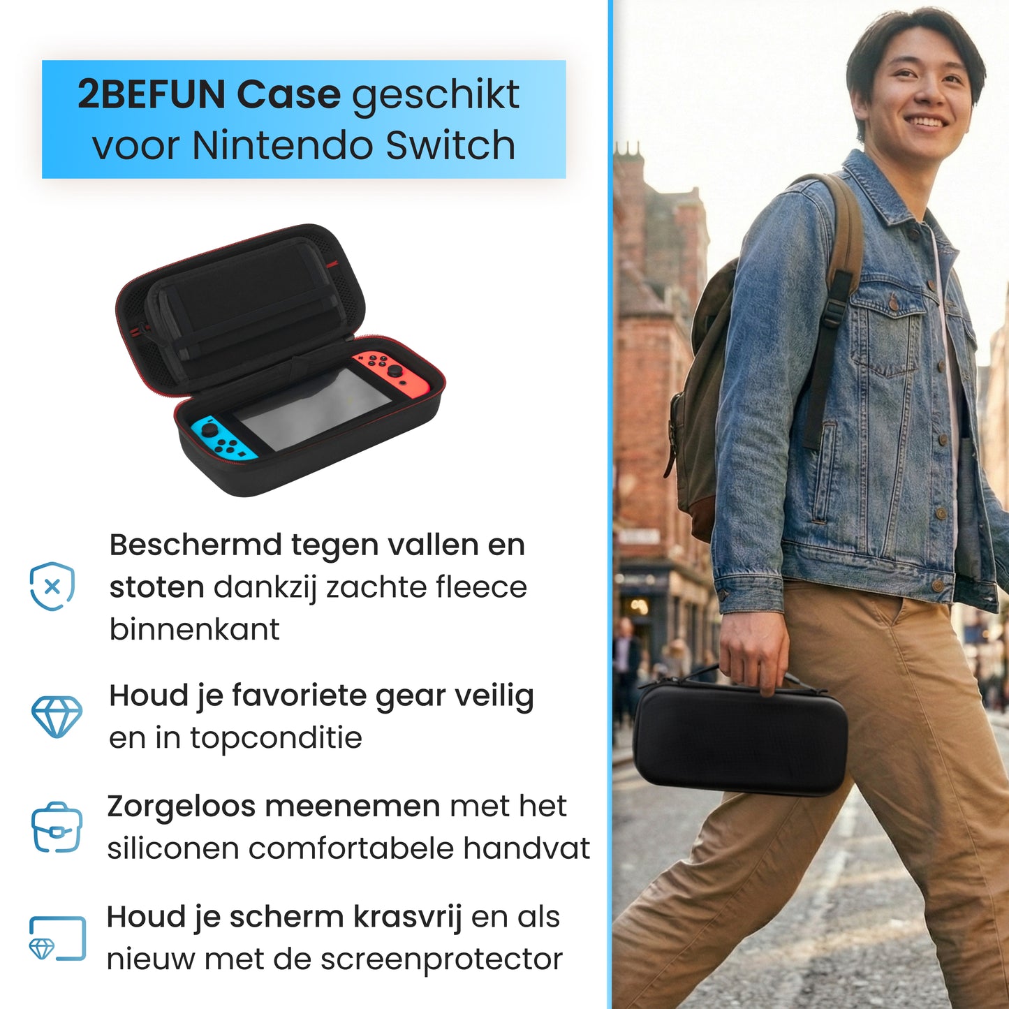 Nintendo Switch hoes details met zachte fleece binnenkant, stevig handvat en screenprotector, beschermhoes voor Nintendo Switch tegen vallen en krassen