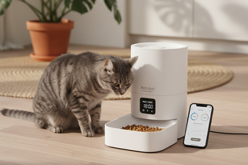 Kat die eet uit een automatische voerbak met digitaal display, met daarnaast een smartphone die de bijbehorende voedingstijden toont