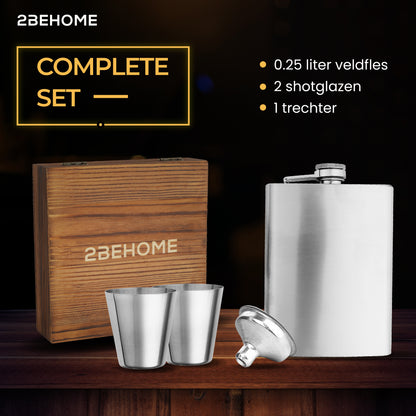 2BEHOME® Heupfles met luxe opbergdoos inclusief 2 shotglazen en Trechter - RVS - Veldfles - Heupflacon - Zilver