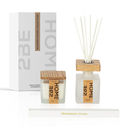 2BEHOME Geurkaars & Geurstokjes Giftset - White Musk - Wooden Luxury Collection - Wit