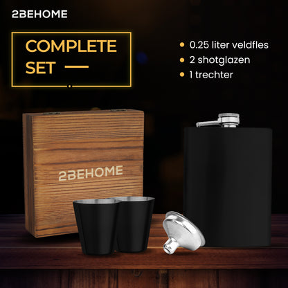 2BEHOME® Heupfles met luxe opbergdoos inclusief 2 shotglazen en Trechter - RVS - Veldfles - Heupflacon - Zwart