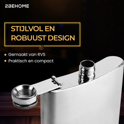 2BEHOME® Heupfles met luxe opbergdoos inclusief 2 shotglazen en Trechter - RVS - Veldfles - Heupflacon - Zilver