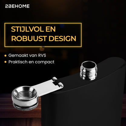 2BEHOME® Heupfles met luxe opbergdoos inclusief 2 shotglazen en Trechter - RVS - Veldfles - Heupflacon - Zwart