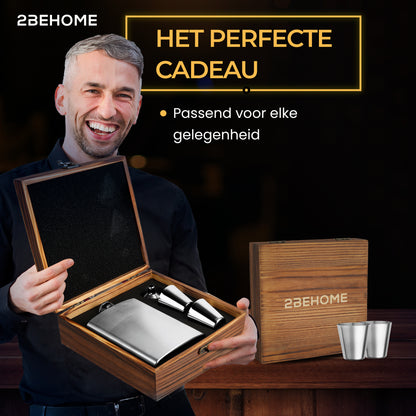 2BEHOME® Heupfles met luxe opbergdoos inclusief 2 shotglazen en Trechter - RVS - Veldfles - Heupflacon - Zilver