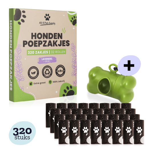 All 4 Pets Supply® Hondenpoepzakjes inclusief houder - Dispenser - 320 stuks - Lavendel geur - 100% Biologisch Afbreekbaar - Poepzakjeshouder Hond - Bruin