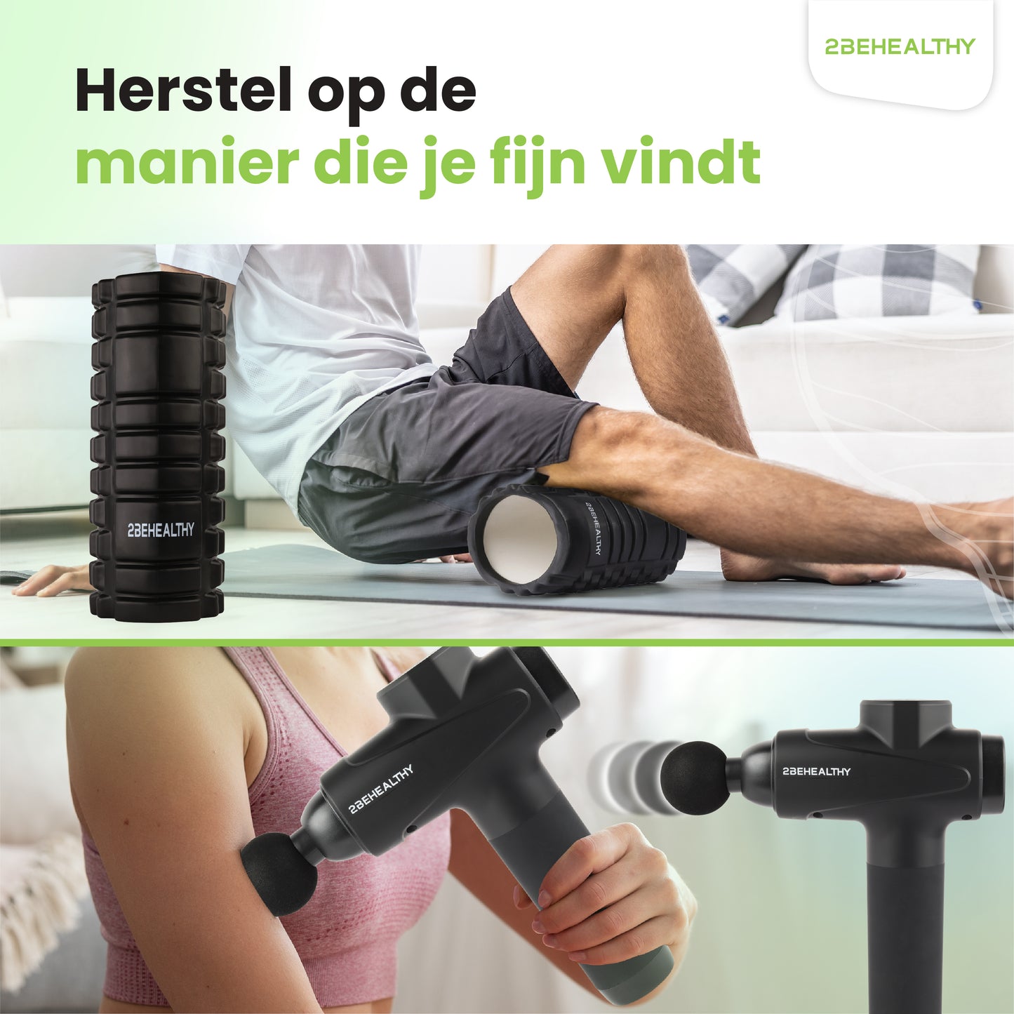 2BEHEALTHY® Massage Gun Professioneel + Foam Roller - Incl. 6 Opzetstukken en 30 Massagestanden