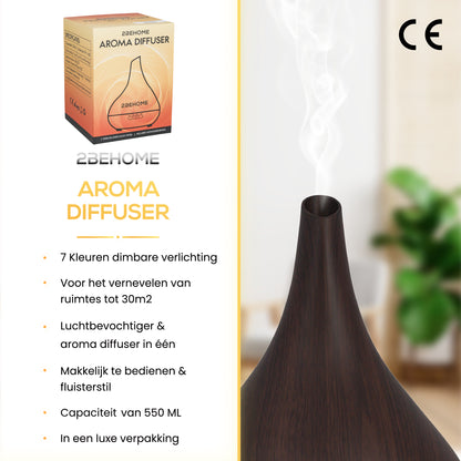 2BEHOME® Aroma Diffuser 550ML met Afstandsbediening - Incl. 16 Etherische Oliën - Donkere Houtlook - 7 LED Kleuren - Aromadiffuser Luchtbevochtiger - Geurverspreider