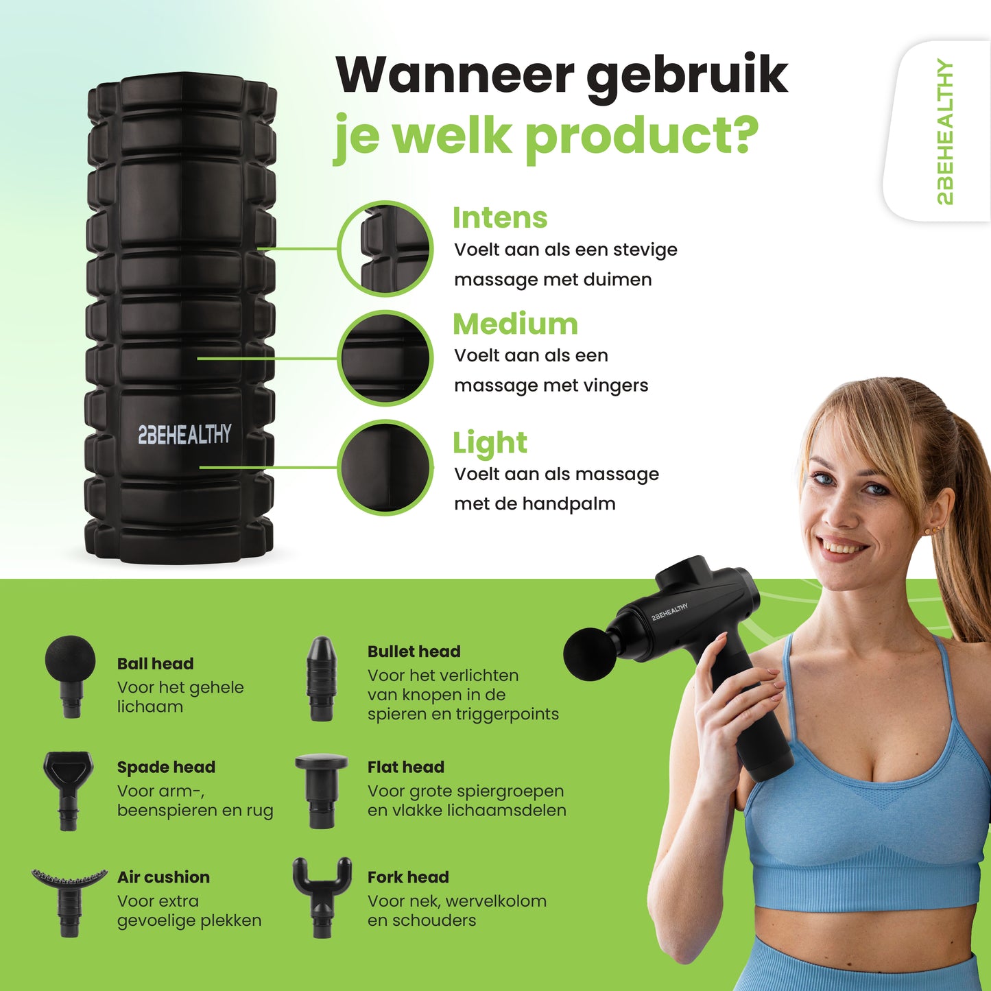 2BEHEALTHY® Massage Gun Professioneel + Foam Roller - Incl. 6 Opzetstukken en 30 Massagestanden