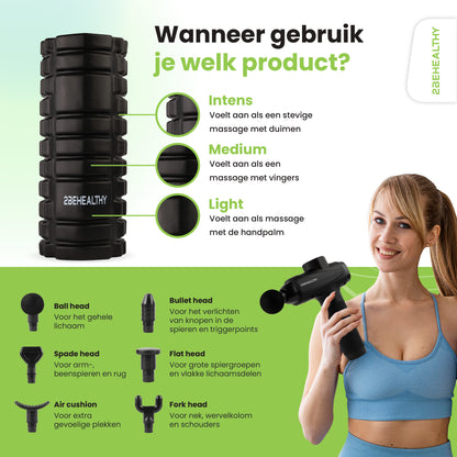 2BEHEALTHY® Massage Gun Professioneel + Foam Roller - Incl. 6 Opzetstukken en 30 Massagestanden