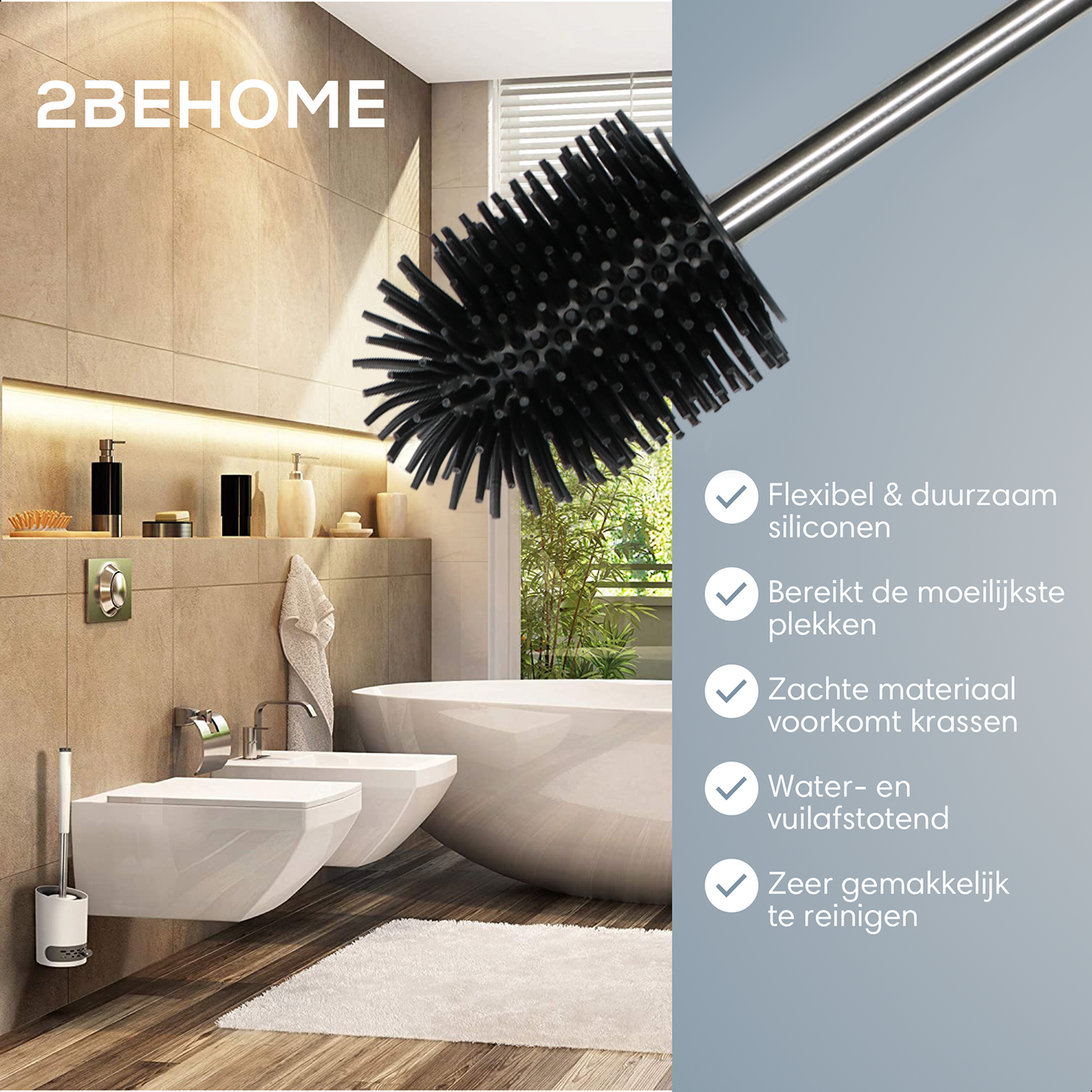2BEHOME® Luxe Wc Borstel Met Houder - Toiletborstel Met Houder Hangend of Vrijstaand - Zwart