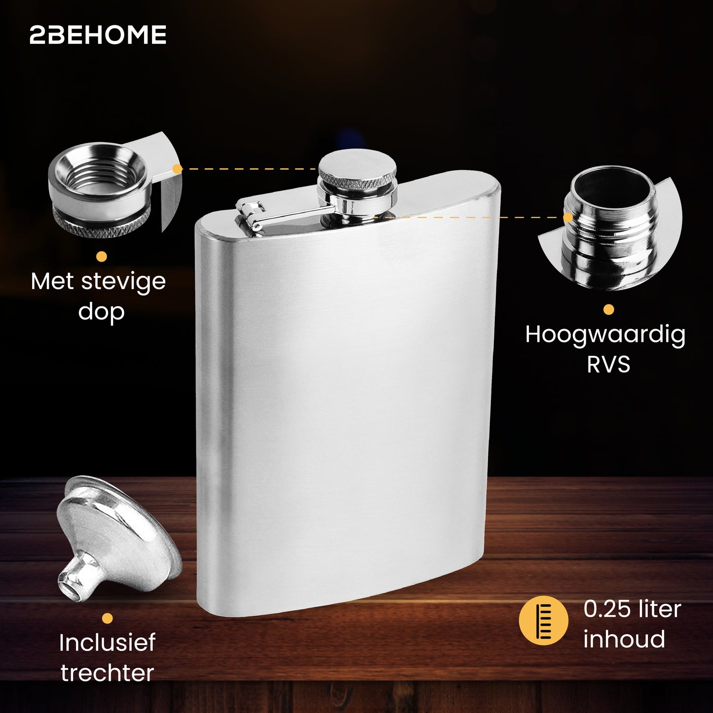 2BEHOME® Heupfles met luxe opbergdoos inclusief 2 shotglazen en Trechter - RVS - Veldfles - Heupflacon - Zilver