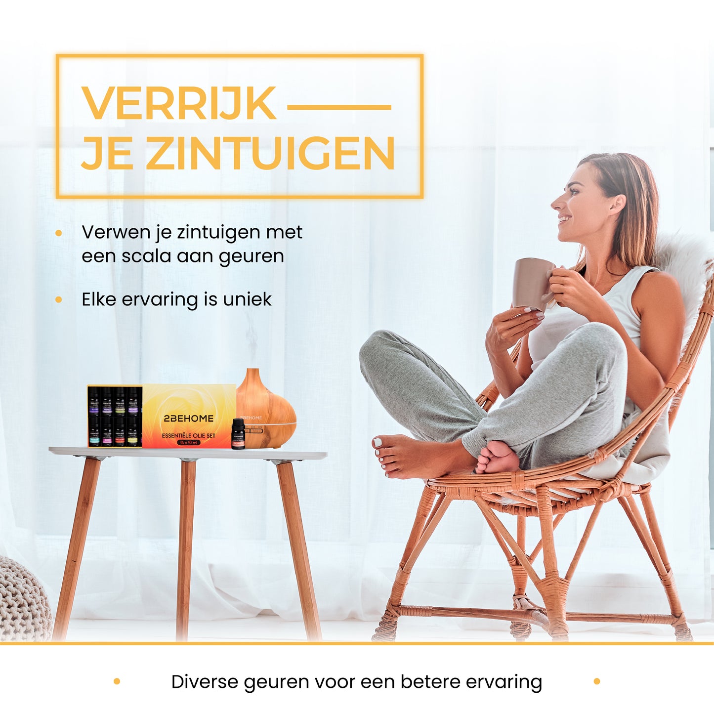2BEHOME® Aroma Diffuser 550ML met Afstandsbediening - Incl. 16 Etherische Oliën Cadeauset - Lichte houtlook